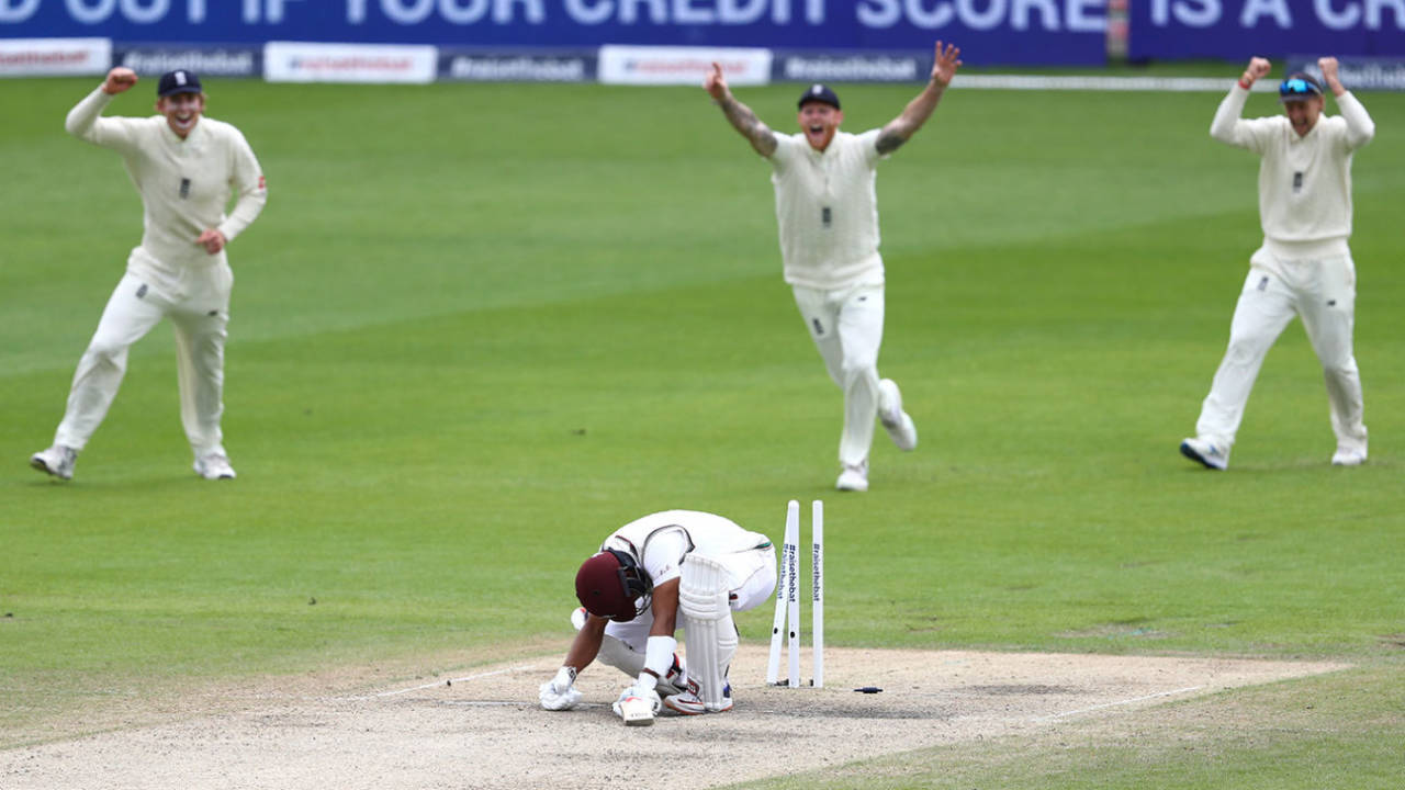 Shai Hope's lean trot continued as he was bowled by Stuart Broad, England v West Indies, 2nd Test, Emirates Old Trafford, 5th day, July 20, 2020
