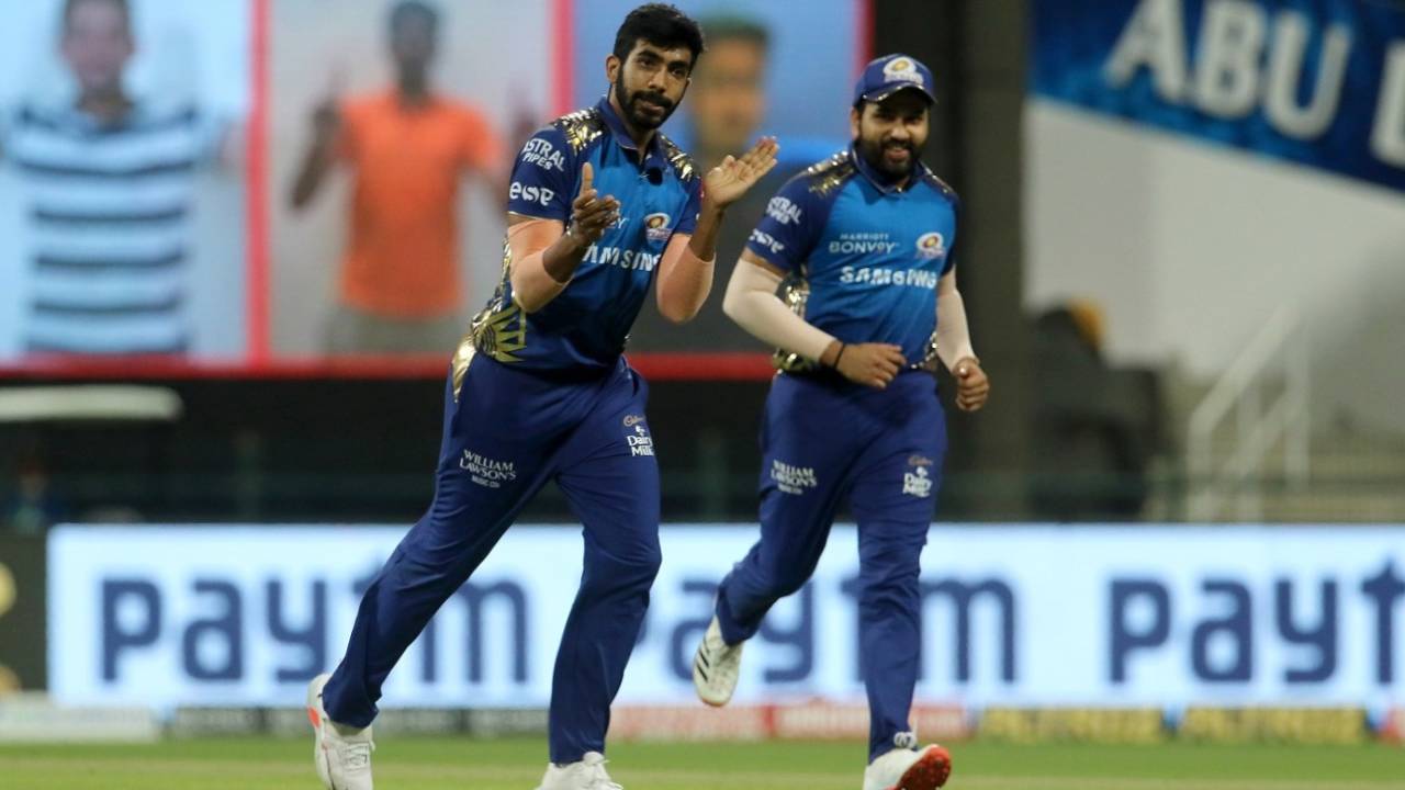 Jasprit Bumrah and Rohit Sharma are understandably pleased after sending back Andre Russell