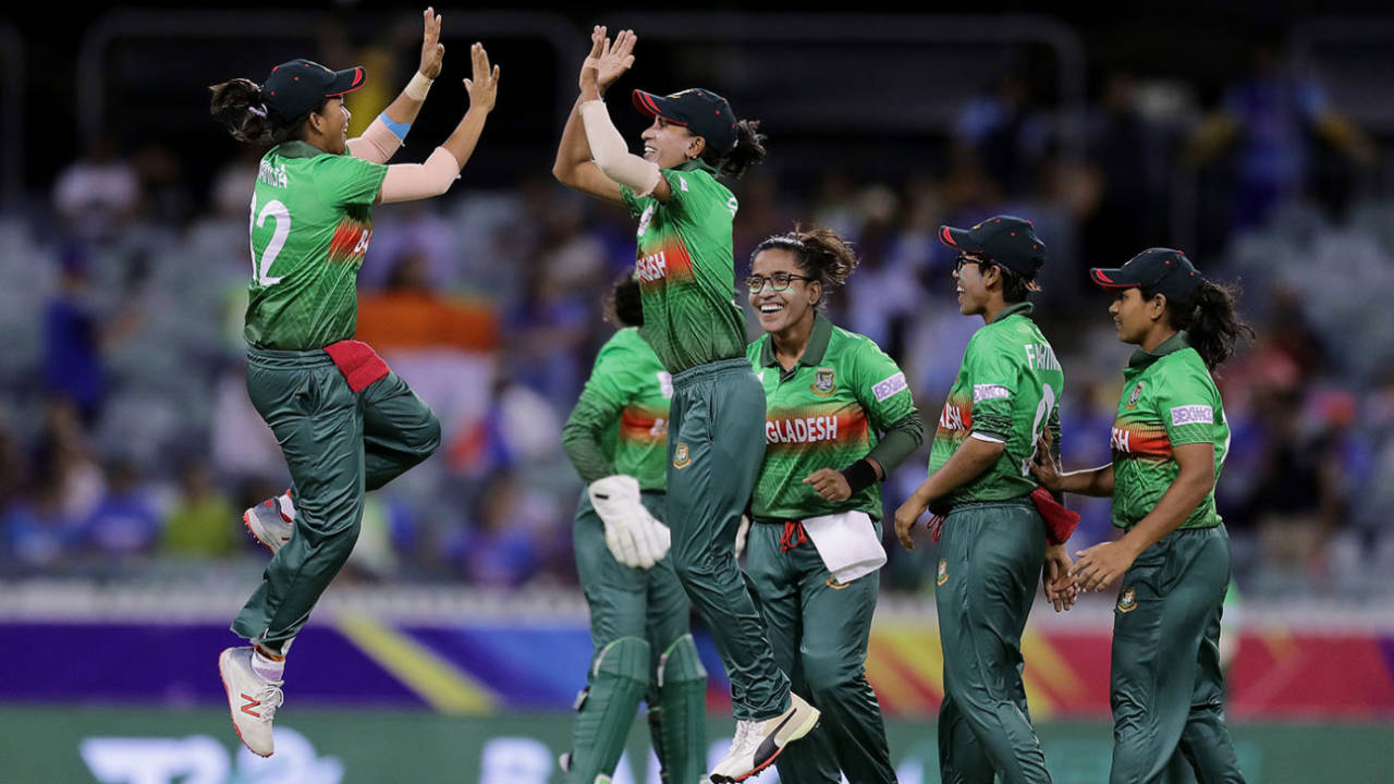 Salma Khatun (centre) celebrates a wicket during the 2020 T20 World Cup&nbsp;&nbsp;&bull;&nbsp;&nbsp;Getty Images