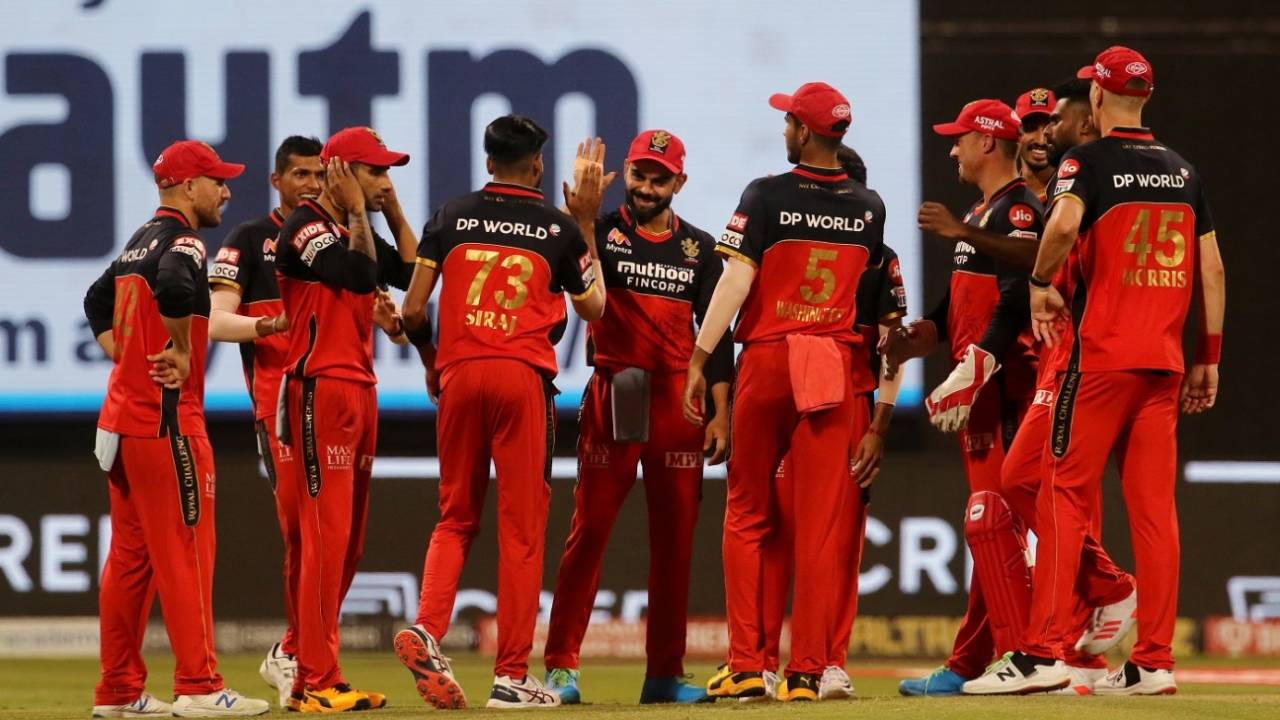 Mohammed Siraj is congratulated for a superb opening over, Kolkata Knight Riders vs Royal Challengers Bangalore, IPL 2020, Abu Dhabi, October 21, 2020