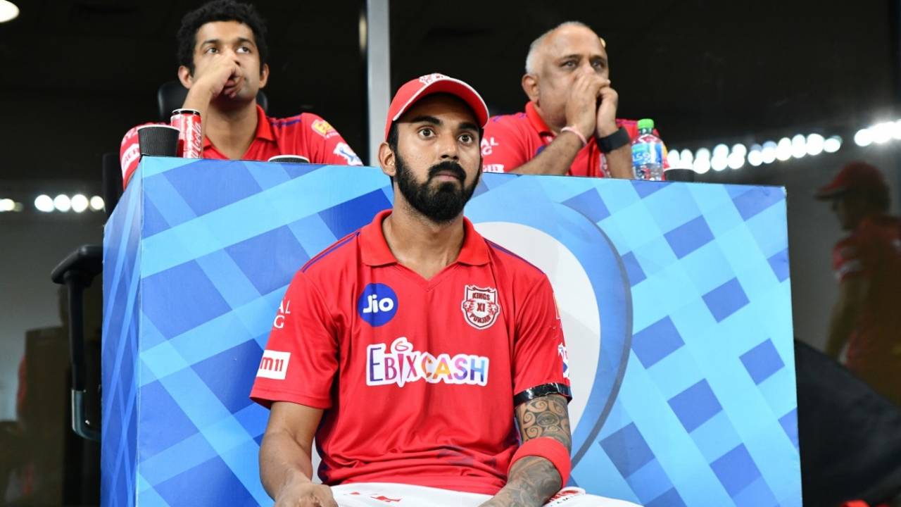 A tense KL Rahul looks on from the dressing room, Kings XI Punjab vs Sunrisers Hyderabad, IPL 2020, Dubai, October 24, 2020