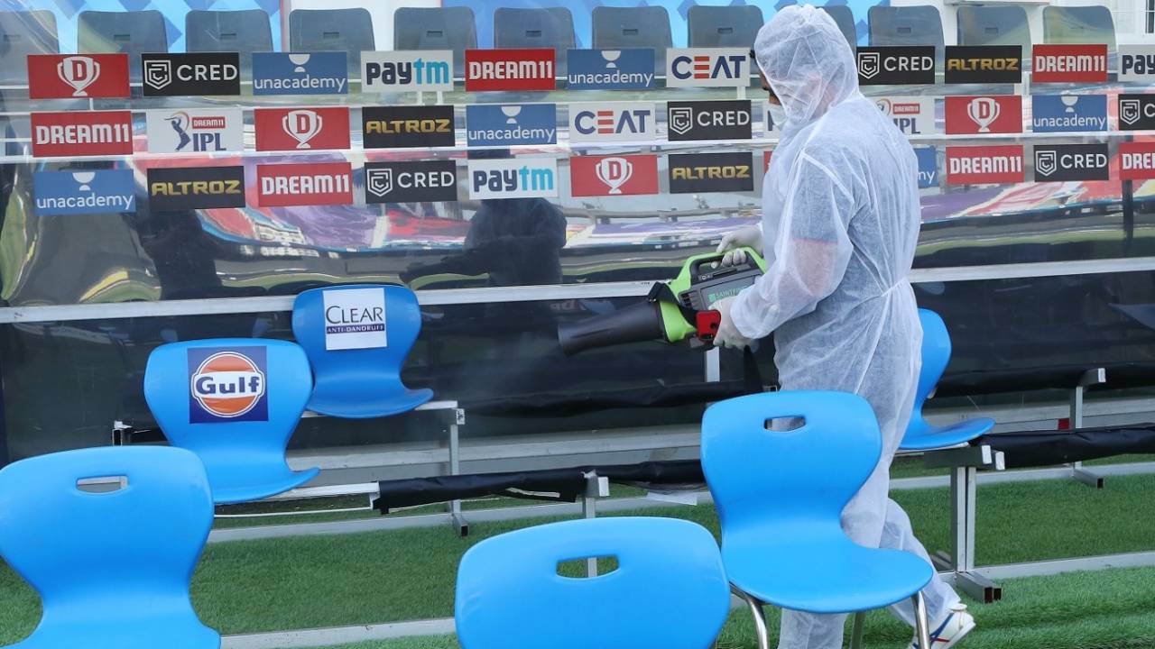 Covid times: The dugout is sanitised before players' arrival, Chennai Super Kings vs Royal Challengers Bangalore, IPL 2020, Dubai, October 25, 2020
