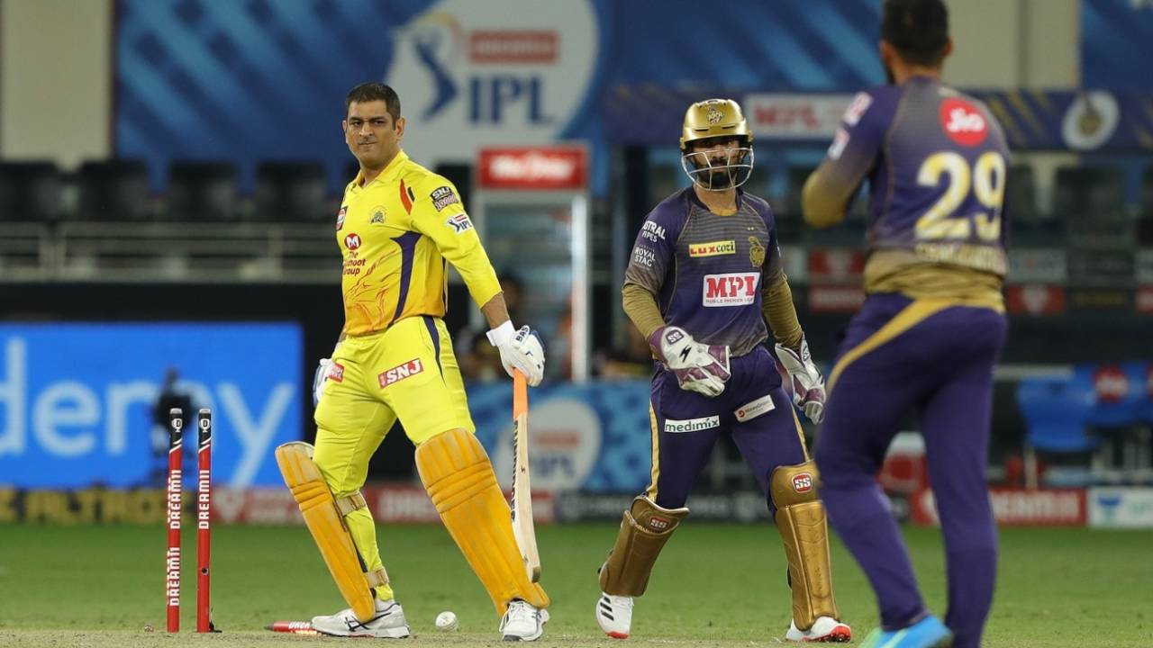 MS Dhoni has been bowled by Varun Chakravarthy in both clashes this season, Chennai Super Kings vs Kolkata Knight Riders, IPL 2020, Dubai, October 29, 2020