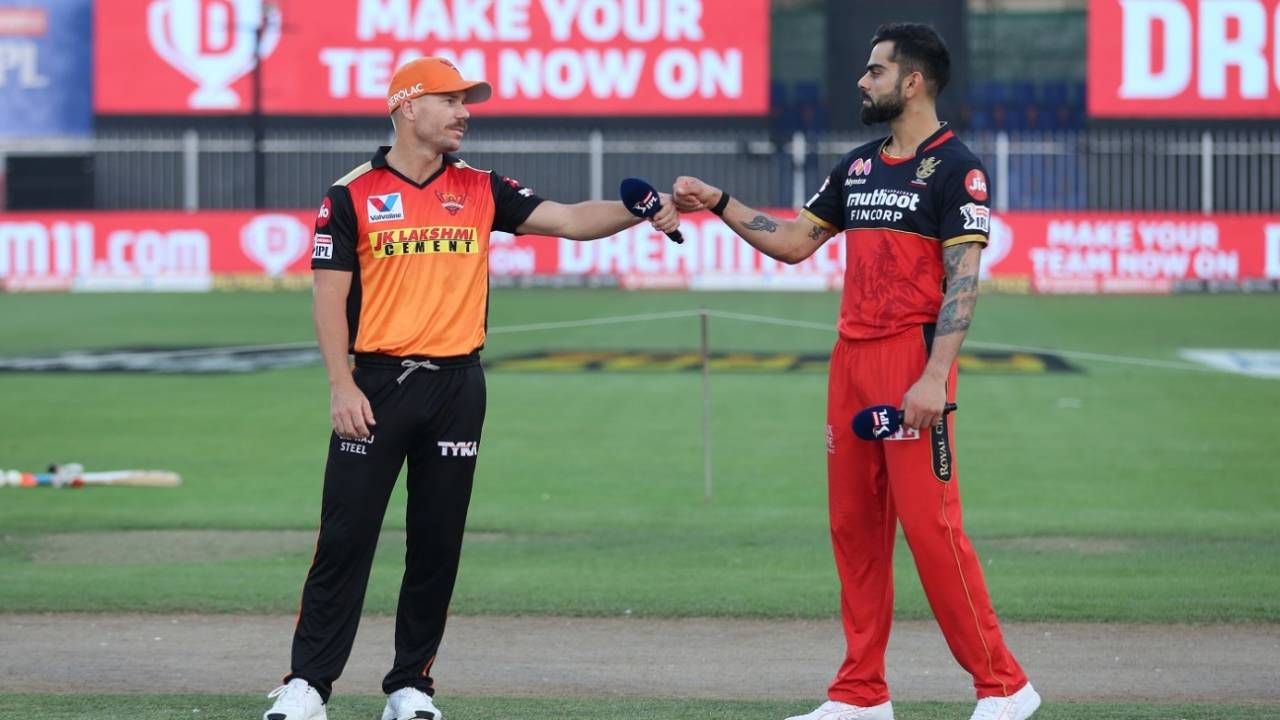 David Warner and Virat Kohli bump fists at the toss, Royal Challengers Bangalore vs Sunrisers Hyderabad, IPL 2020, Sharjah, October 31, 2020