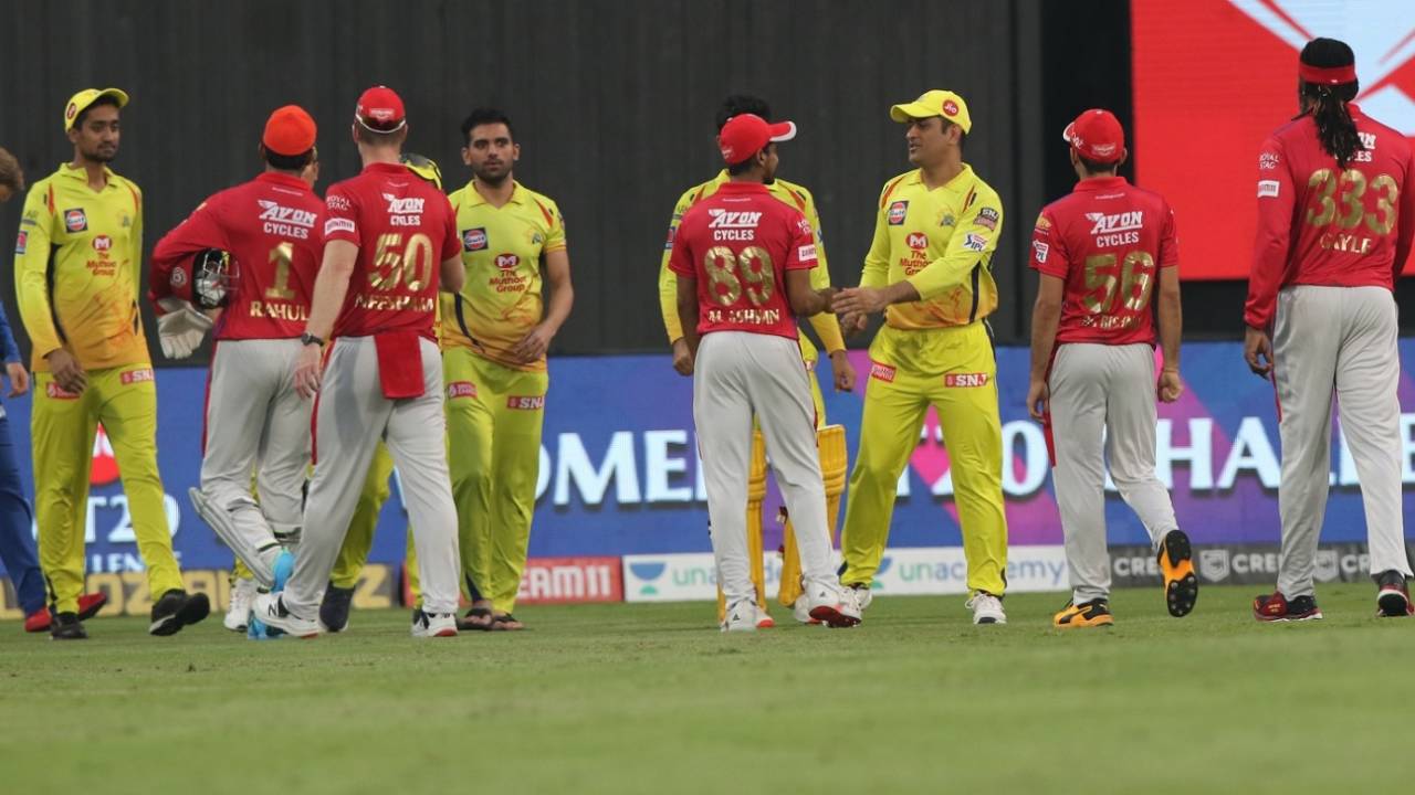 The Chennai Super Kings and Kings XI Punjab players greet each other after the game, Chennai Super Kings vs Kings XI Punjab, IPL 2020, Abu Dhabi, November 1, 2020