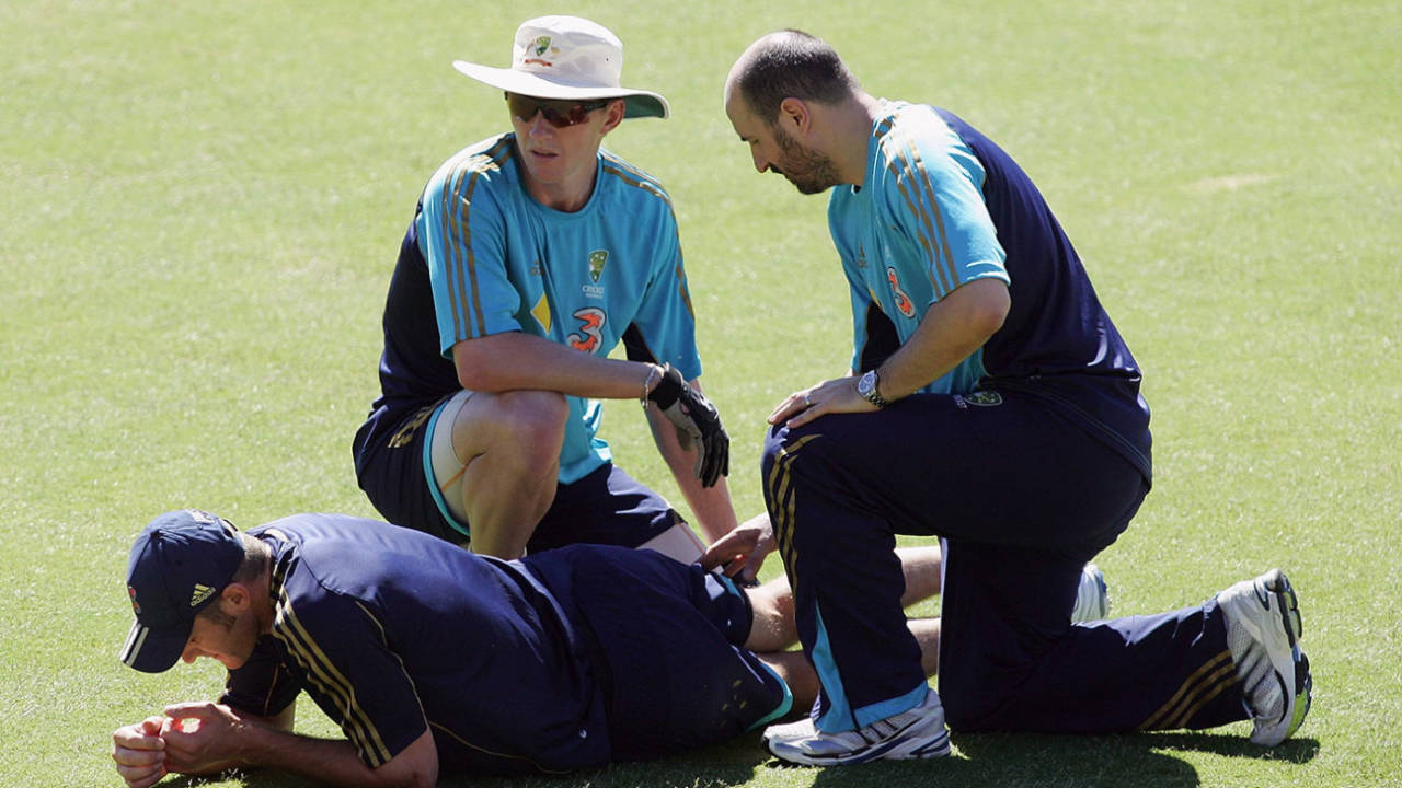 Jason Krejza is attended to after he turned his ankle at a training session ahead of the second Test vs New Zealand, Adelaide, November 26, 2008