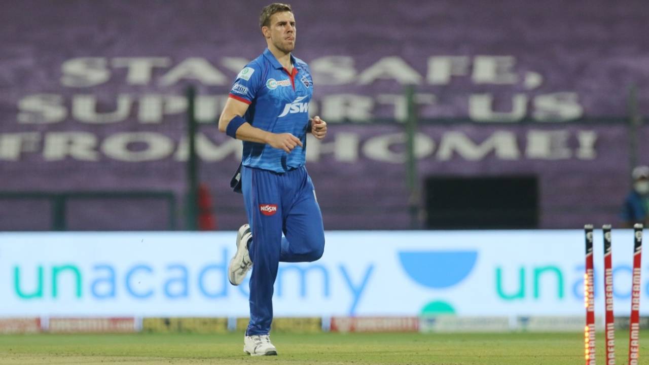 Anrich Nortje reacts after picking up a wicket, Delhi Capitals vs Royal Challengers Bangalore, IPL 2020, Abu Dhabi, November 2, 2020
