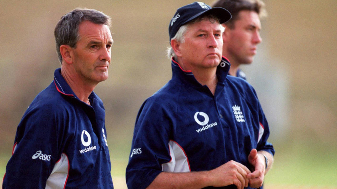 Phil Neale alongside the first of his six England coaches, Duncan Fletcher. The most recent, Chris Silverwood, is in the background, Johannesburg, November 24, 1999