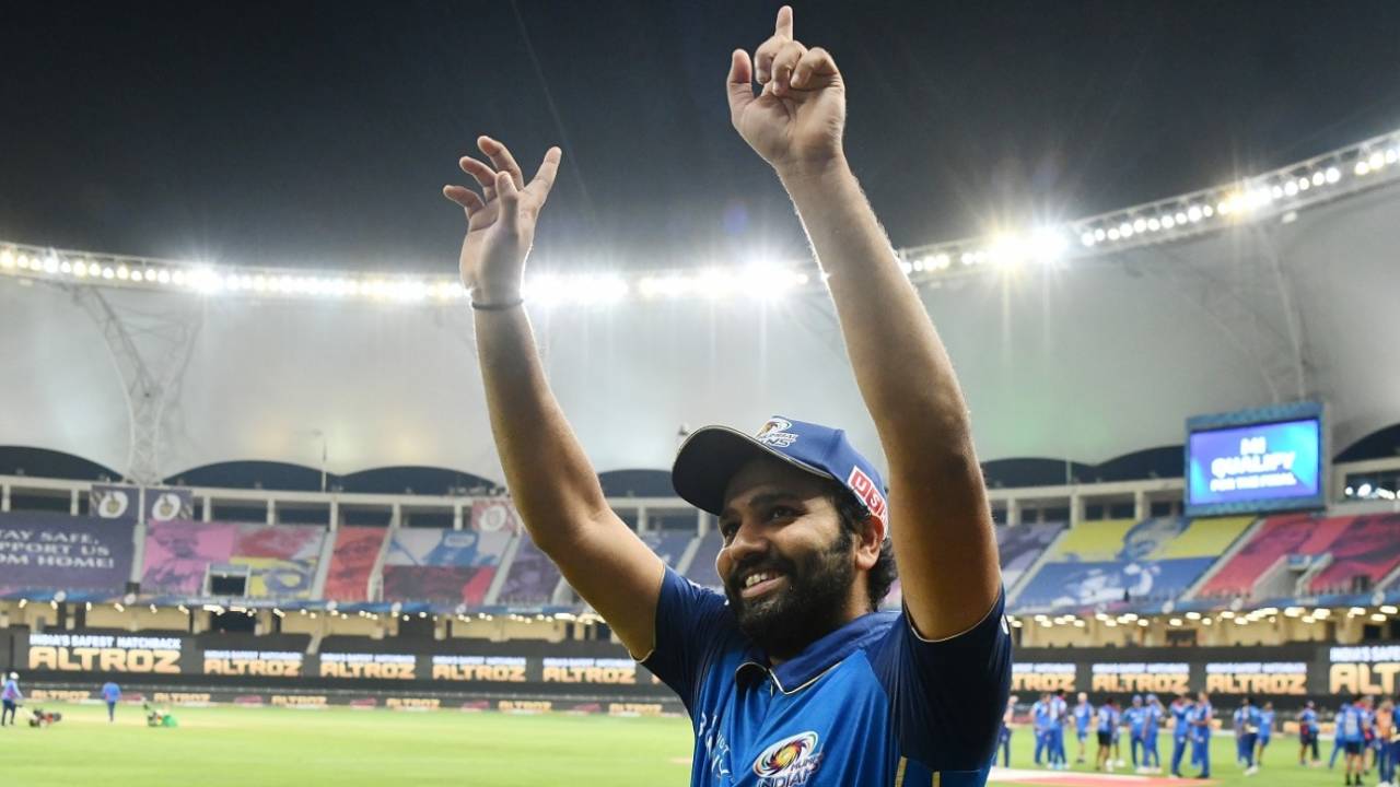 An elated Rohit Sharma gestures after Mumbai Indians make the IPL final, Mumbai Indians vs Delhi Capitals, IPL 2020 Qualifier 1, Dubai, November 5, 2020