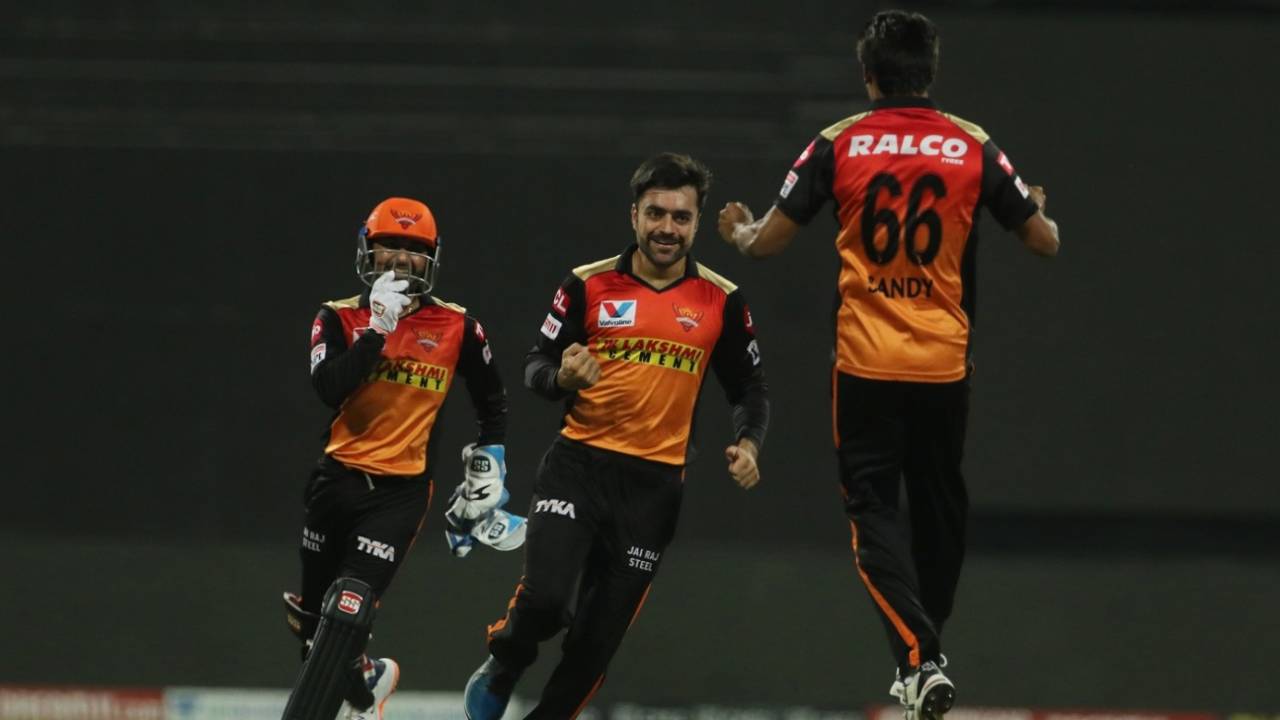 He gets wickets in the field too - a joyous Rashid Khan is all smiles after scoring a direct hit to run Moeen Ali out on a free hit, Sunrisers Hyderabad vs Royal Challengers Bangalore, IPL 2020, Eliminator, Abu Dhabi, November 6, 2020