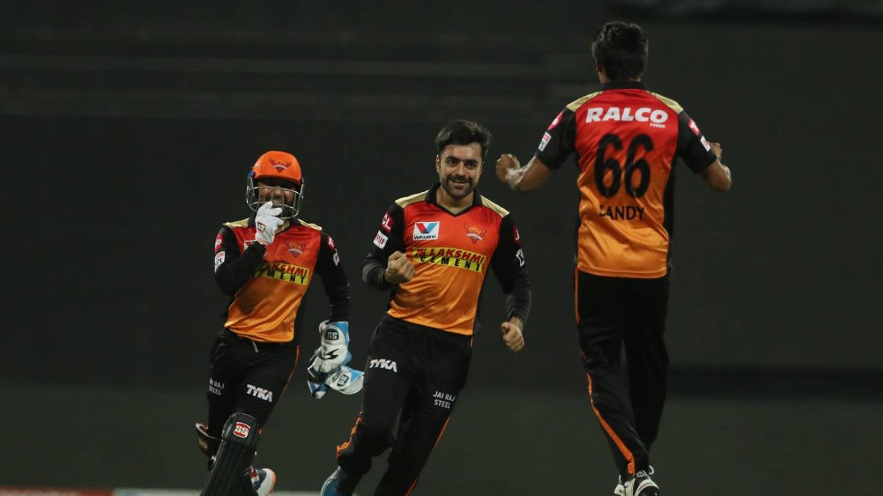 He gets wickets in the field too - a joyous Rashid Khan is all smiles after scoring a direct hit to run Moeen Ali out on a free hit, Sunrisers Hyderabad vs Royal Challengers Bangalore, IPL 2020, Eliminator, Abu Dhabi, November 6, 2020