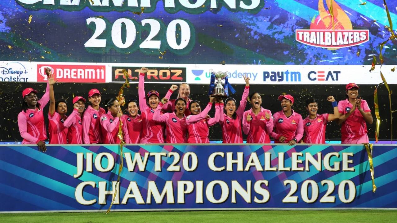The Trailblazers players pose with the trophy, Trailblazers vs Supernovas, Women's T20 Challenge 2020, Sharjah, November 9, 2020 