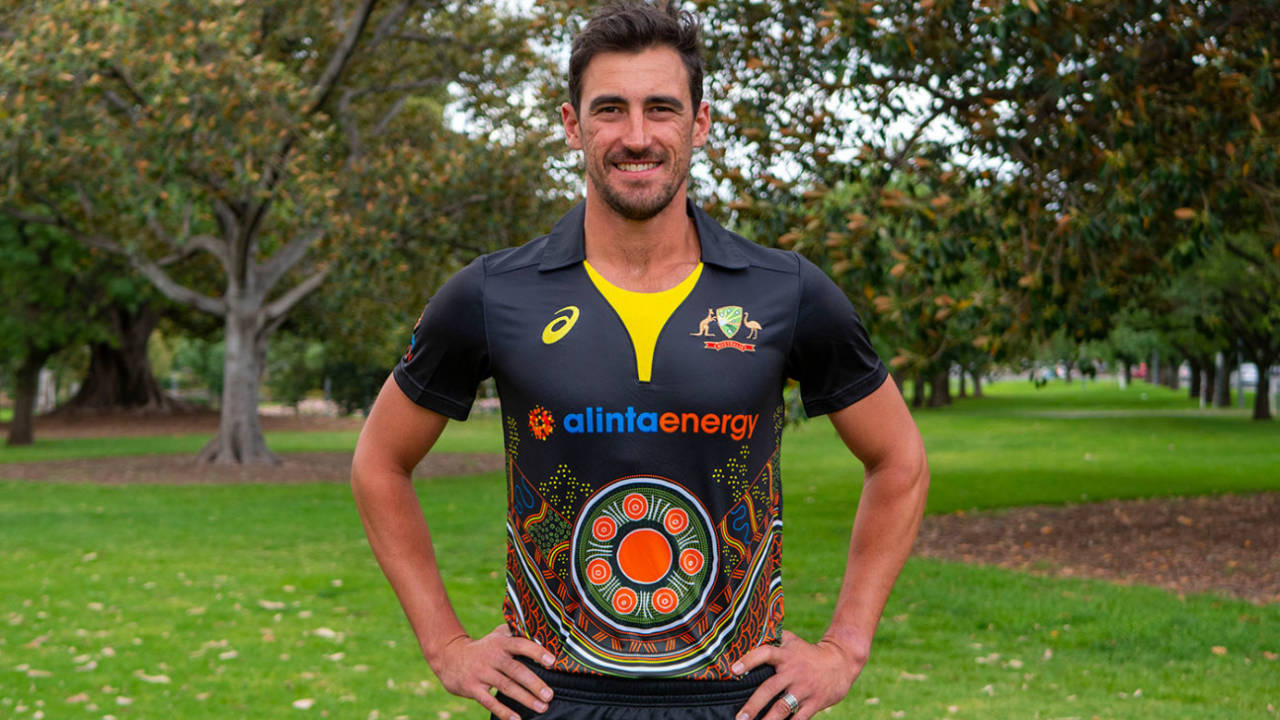 Mitchell Starc in the Indigenous shirt Australia will wear against India