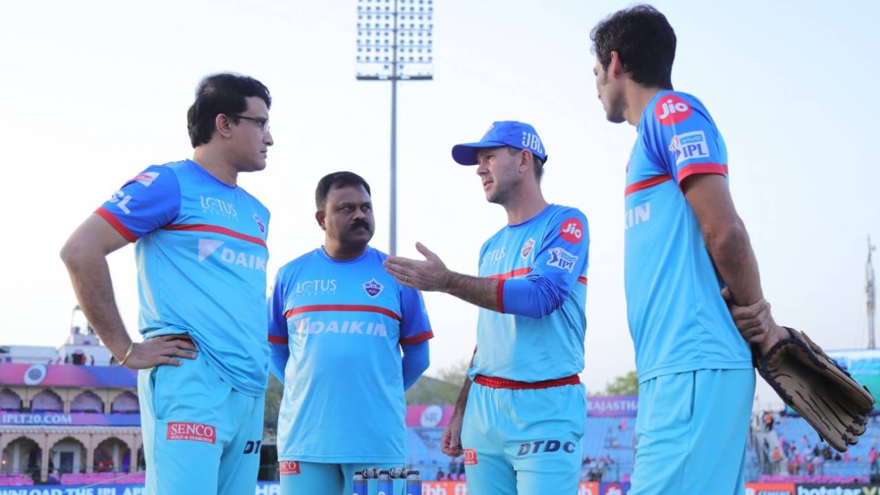 The Delhi Capitals' brains trust of Sourav Ganguly, Pravin Amre, Ricky Ponting and Mohammad Kaif, Rajasthan Royals v Delhi Capitals, IPL 2019, Jaipur, April 22, 2019