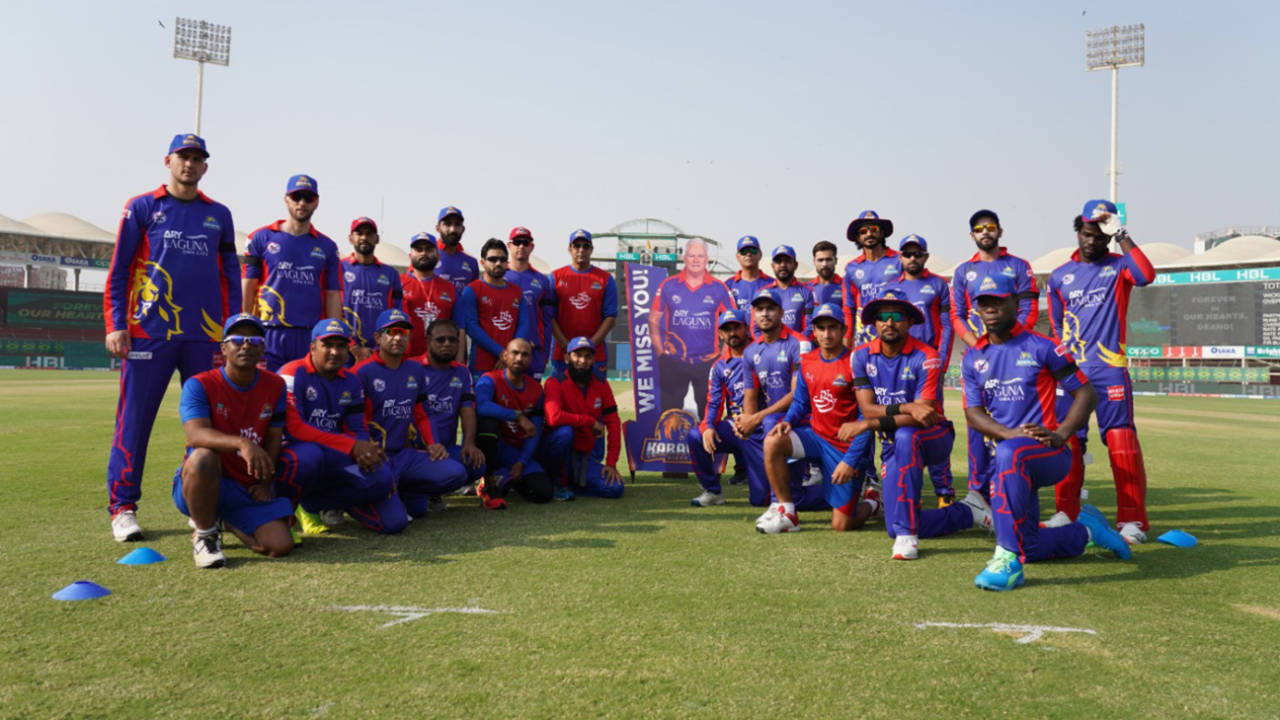 Karachi Kings pose with a cardboard cut-out of the late Dean Jones, PSL 2020, Multan Sultans vs Karachi Kings, Karachi, November 14, 2020