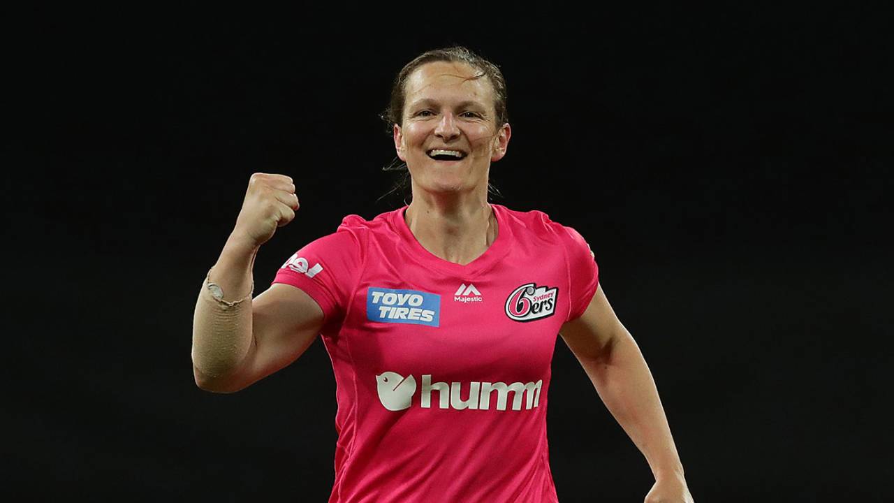 Sarah Aley celebrates taking a wicket during the 2020 WBBL