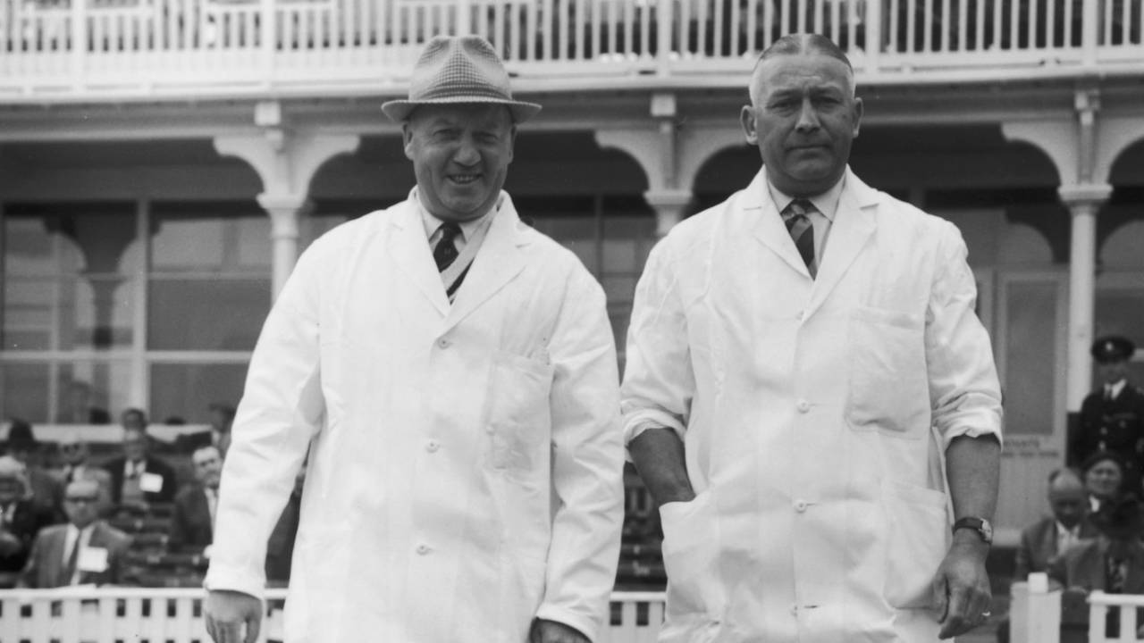 Umpires Frank Lee (left) and Syd Buller walk out onto the pitch, first Test, England vs Australia, Edgbaston, June 8, 1961
