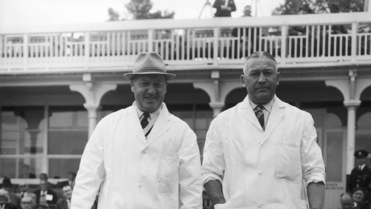 Umpires Frank Lee (left) and Syd Buller walk out onto the pitch, first Test, England vs Australia, Edgbaston, June 8, 1961