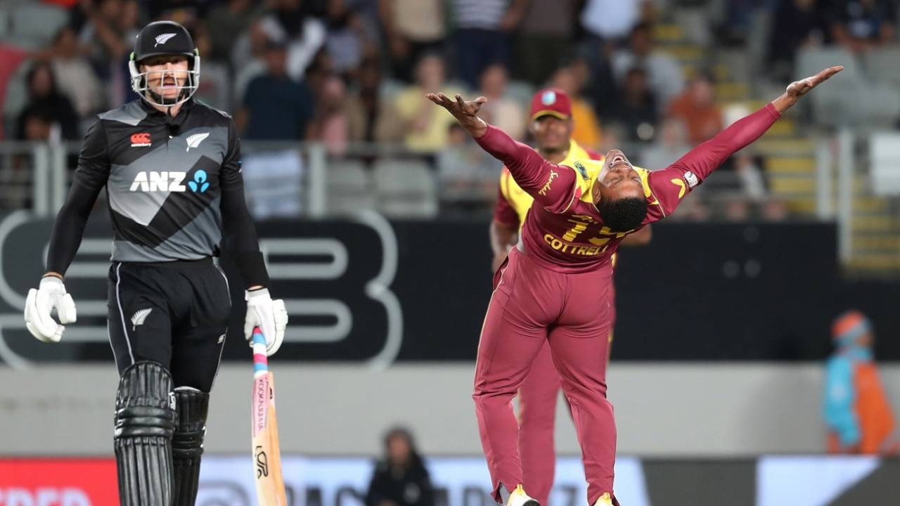 Sheldon Cottrell brings out his trademark celebration after getting Martin Guptill, New Zealand vs West Indies, 1st T20I, Auckland, November 27, 2020