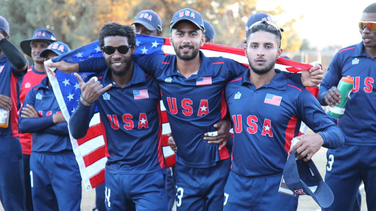 Akeem Dodson, Ali Khan and Fahad Babar celebrate after USA's victory in the WCL Division Four final in 2016, Los Angeles, November 5, 2016
