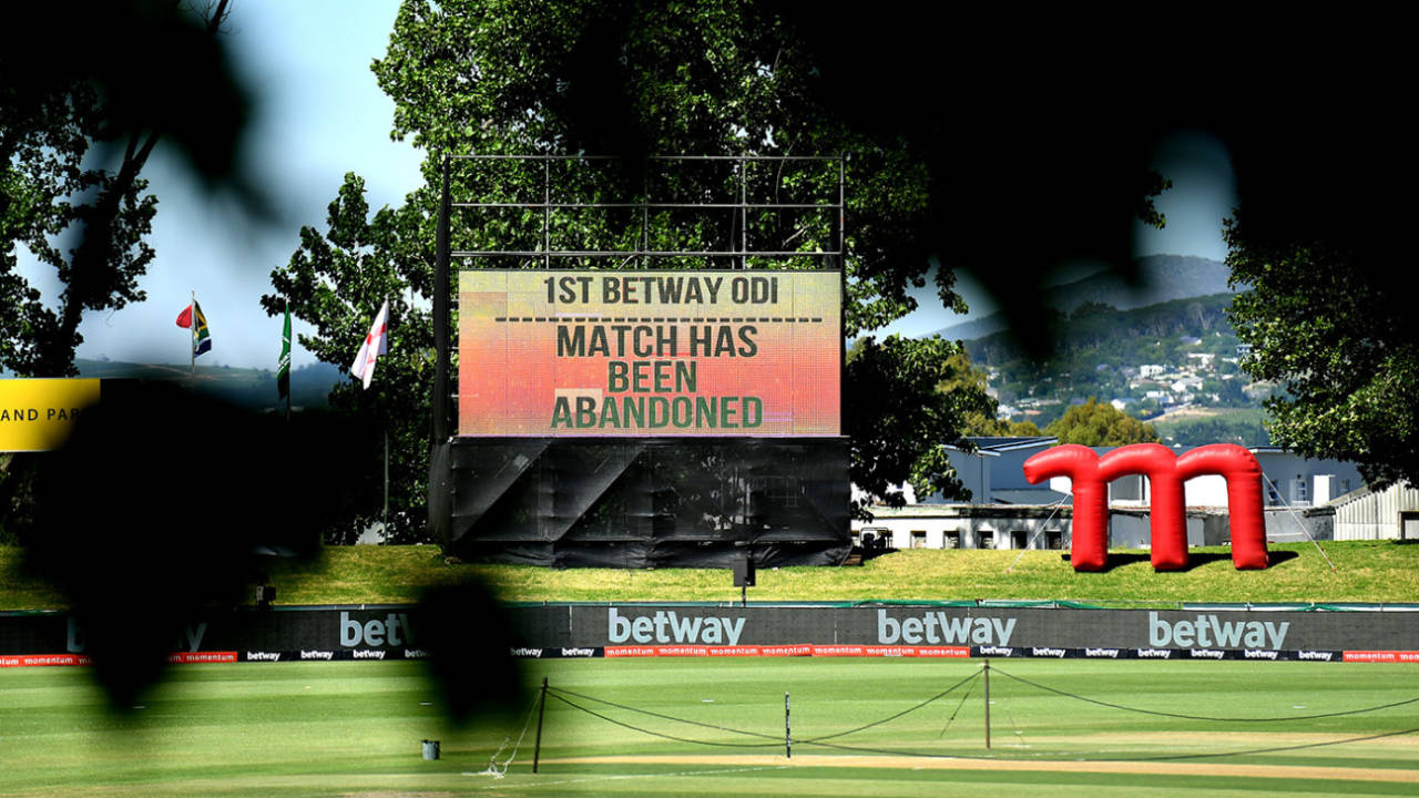 The big screen at Boland Park confirms the first ODI's abandonment, South Africa vs England, Boland Park, December 6, 2020