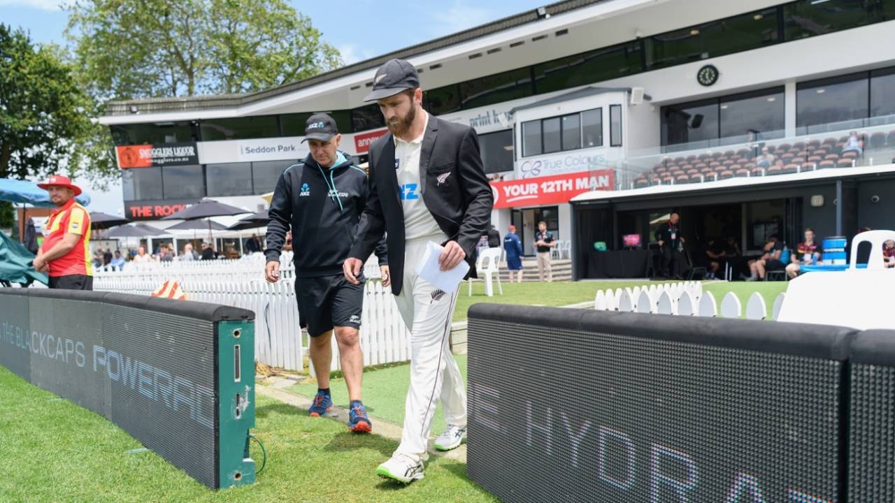 Gary Stead and Kane Williamson step out for a stroll at Seddon Park, Hamilton, December 3, 2020