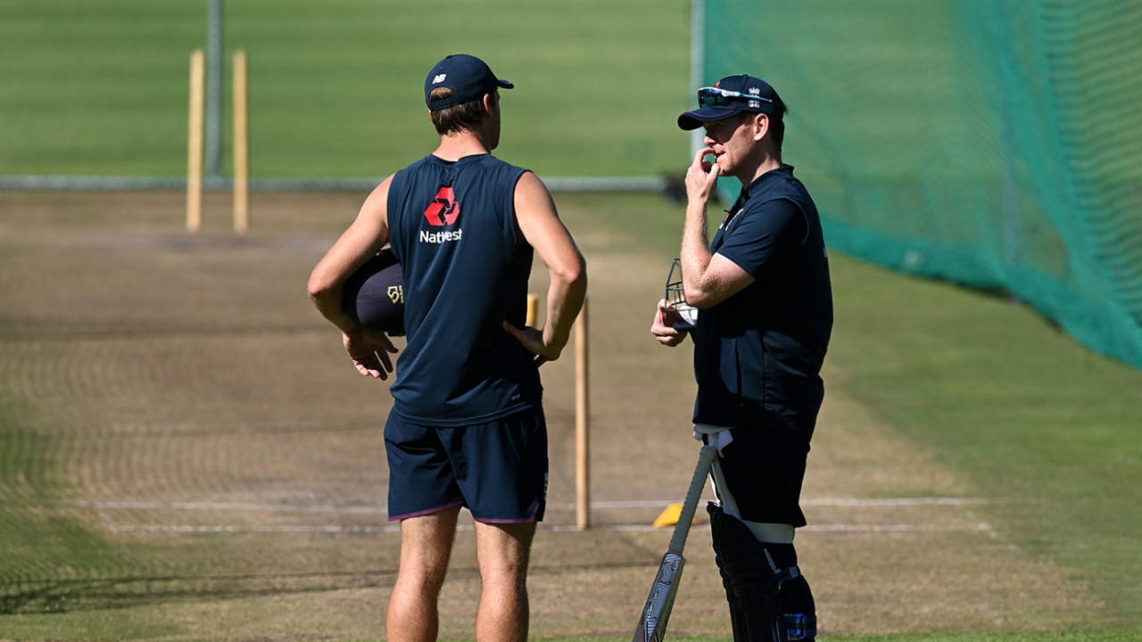 Eoin Morgan and Jos Buttler in conversation at England's nets session, Newlands, Cape Town, December 3, 2020