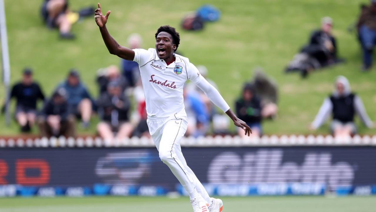 Debutant Chemar Holder is ecstatic after getting his first Test wicket, New Zealand v West Indies, 2nd Test, Wellington, December 11, 2020