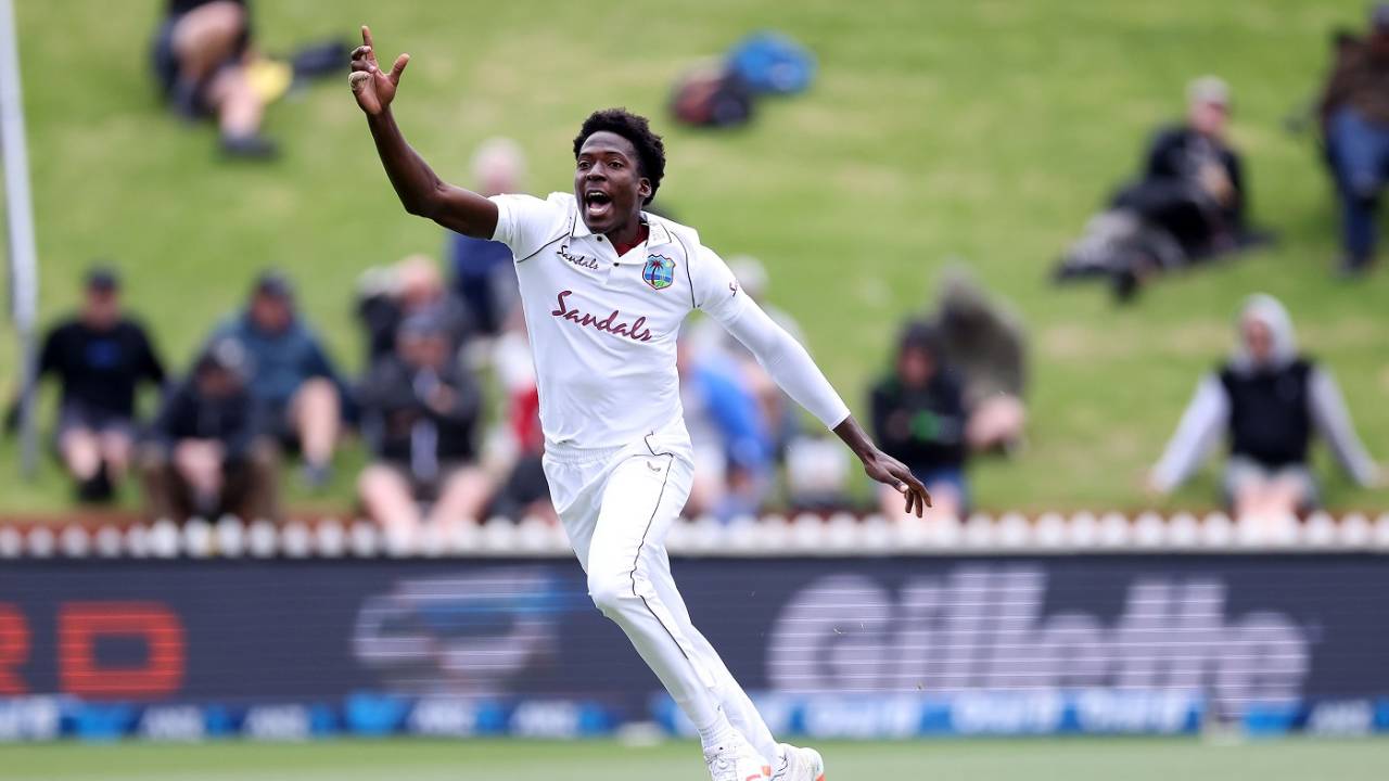 Debutant Chemar Holder is ecstatic after getting his first Test wicket, New Zealand v West Indies, 2nd Test, Wellington, December 11, 2020