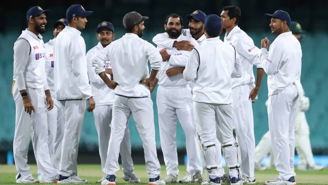 Mohammed Shami celebrates with team-mates after dismissing Marcus Harris&nbsp;&nbsp;&bull;&nbsp;&nbsp;Getty Images