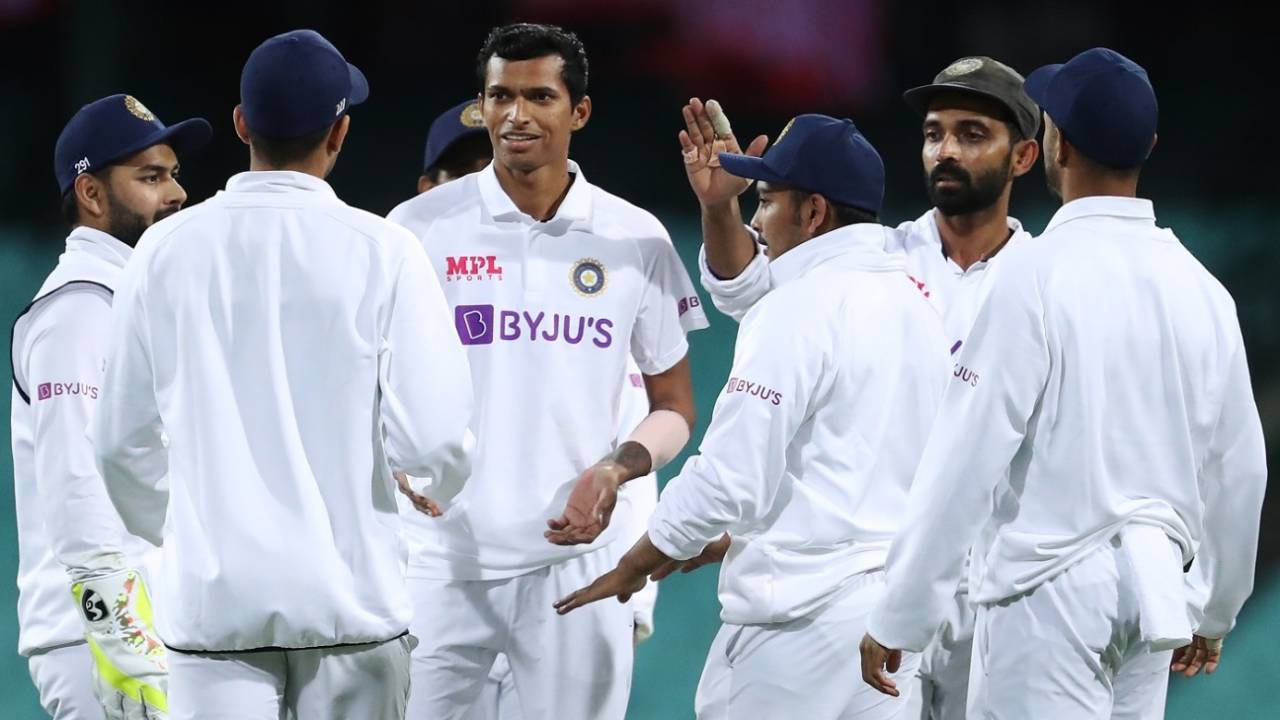 Navdeep Saini celebrates one of his wickets, Australia A v Indians, day-night tour match, first day, Sydney, December 11, 2020