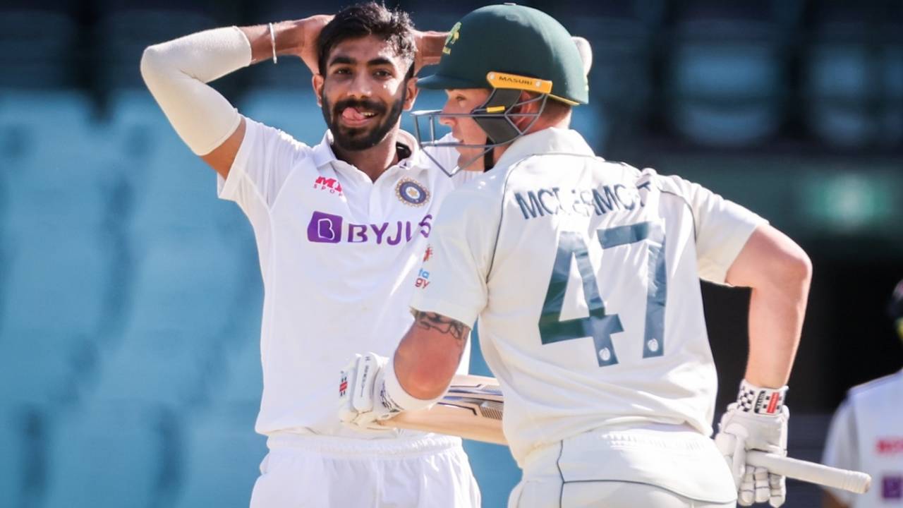 Jasprit Bumrah reacts as Ben McDermott picks him up for runs, Australia A v Indians, day-night tour match, third day, Sydney, December 13, 2020