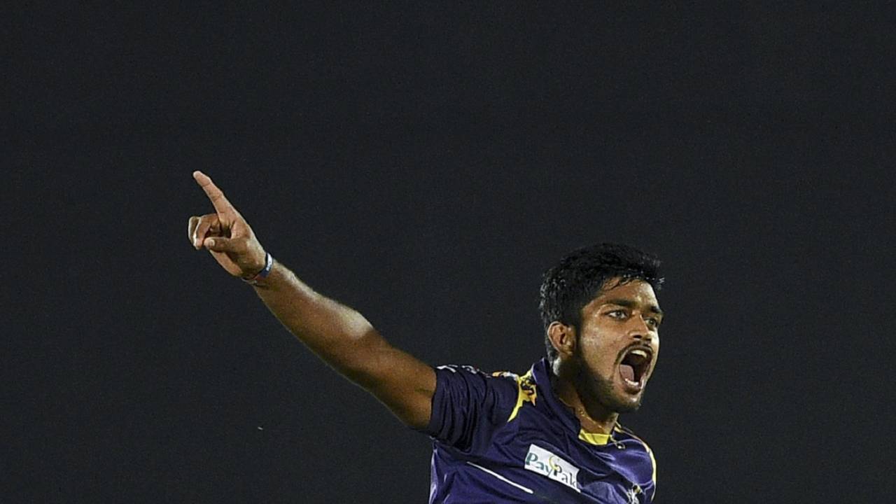 Dhananjaya Lakshan wheels away after taking a wicket