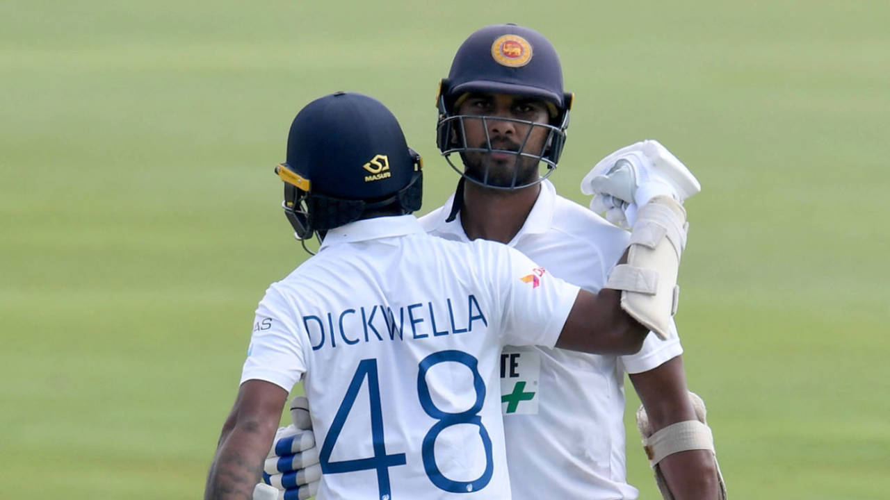 Dinesh Chandimal is congratulated by Niroshan Dickwella for his half-century, South Africa v Sri Lanka, 1st Test, Centurion, December 26, 2020