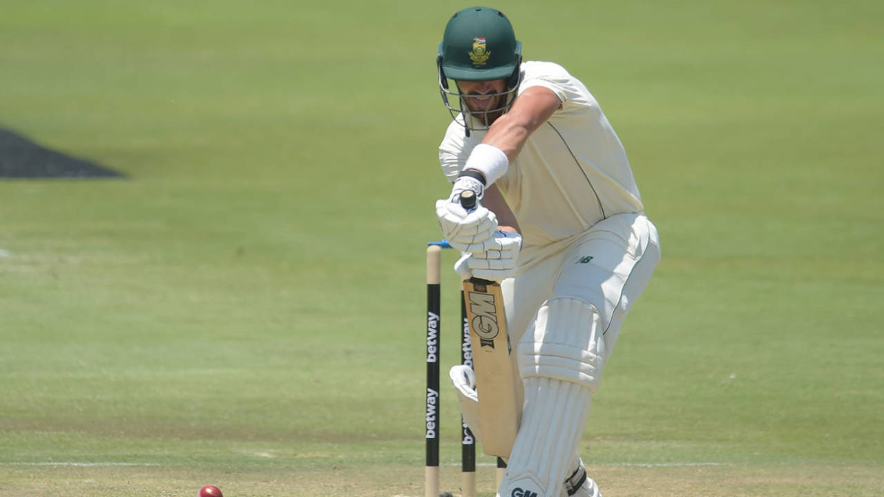 Aiden Markram defends the ball back down the pitch, South Africa v Sri Lanka, 1st Test, Day 2, Centurion, December 27, 2020