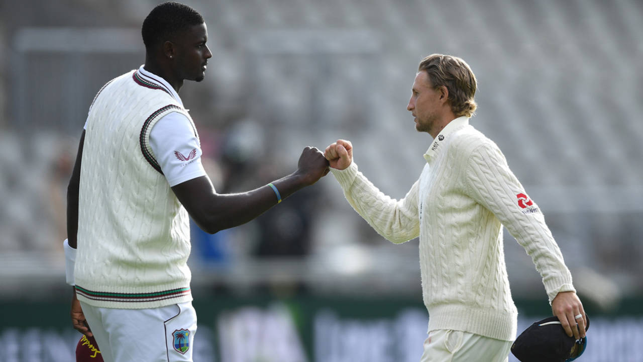 Jason Holder and Joe Root fist-bump each other, England v West Indies, 2nd Test, Emirates Old Trafford, 5th day, July 20, 2020