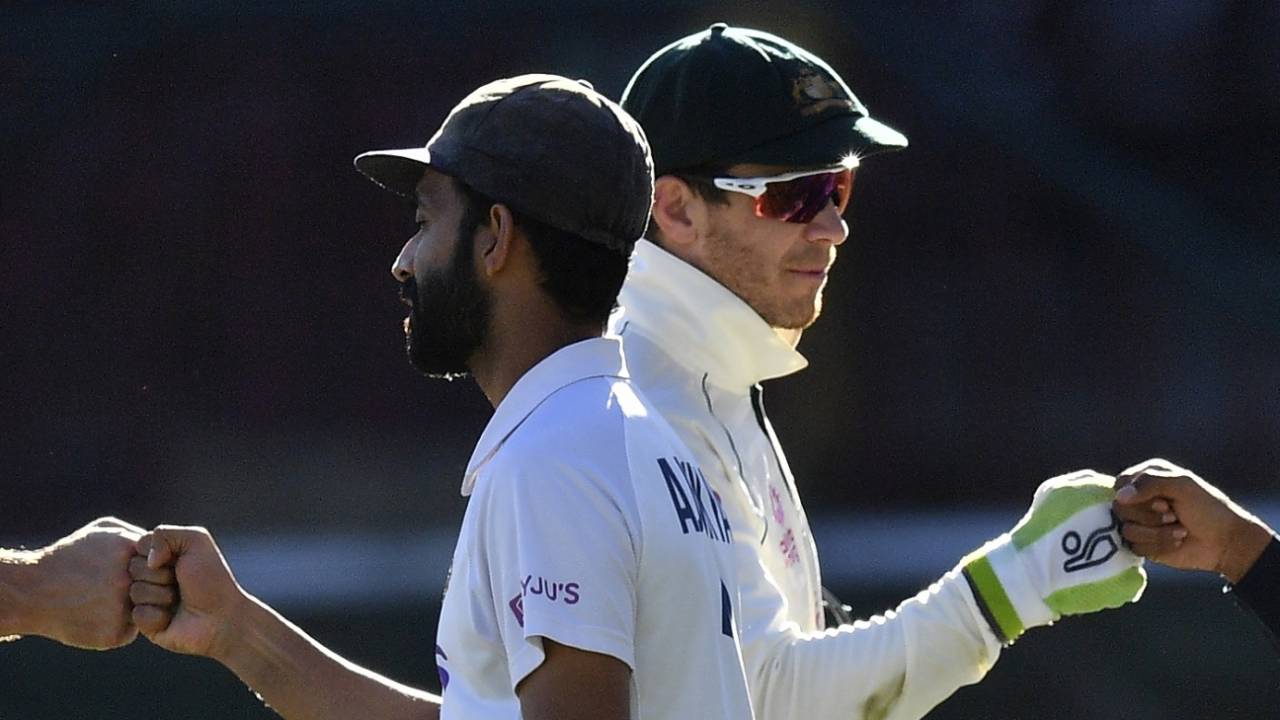 Ajinkya Rahane and Tim Paine at the end of the SCG Test, Australia vs India, 3rd Test, Sydney, 5th day, January 11, 2021