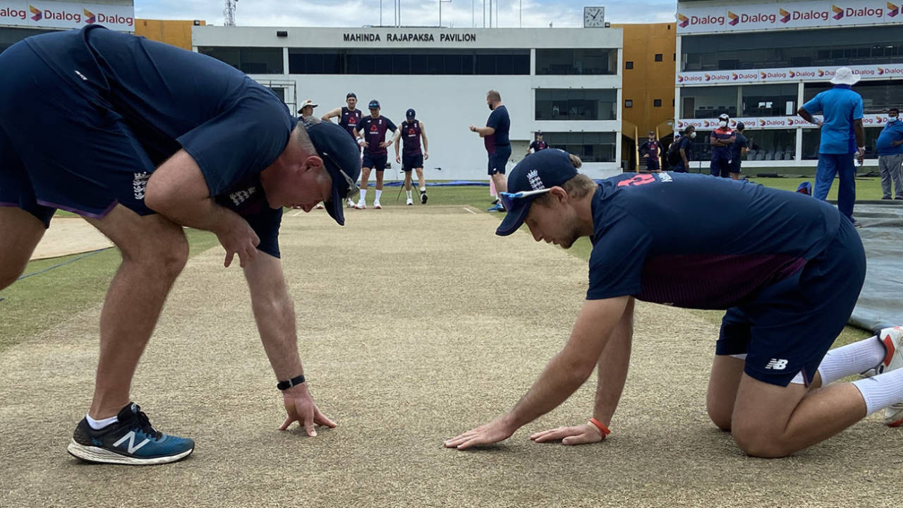 Chris Silverwood and Joe Root, England's coach and captain, inspect the Galle pitch, England training, Galle, January 12, 2021