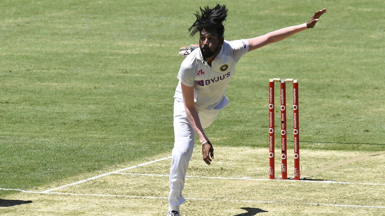 Mohammed Siraj in his follow-through, Australia vs India, 4th Test, Brisbane, January 15, 2021