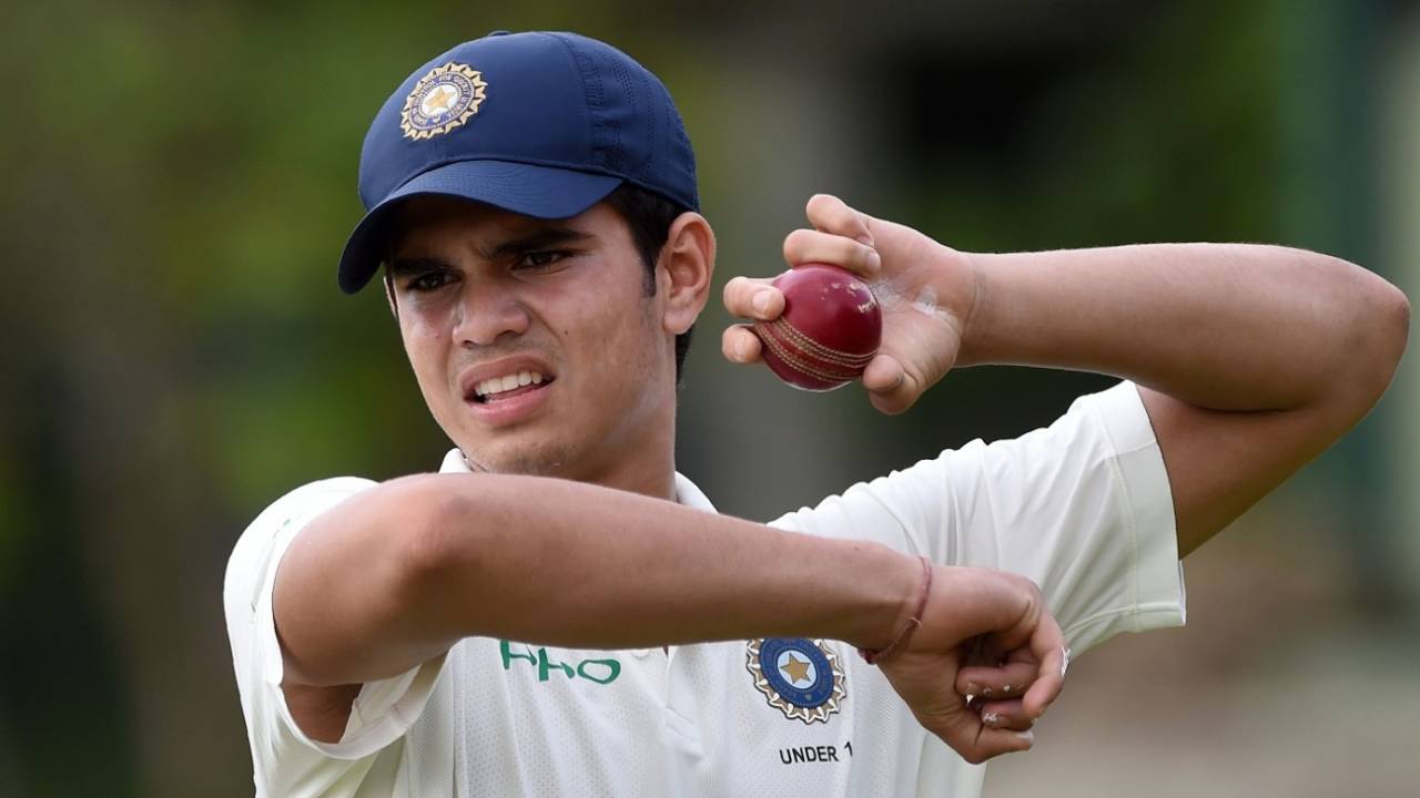 Arjun Tendulkar during a training session before an India Under-19s game against Sri Lanka Under-19s&nbsp;&nbsp;&bull;&nbsp;&nbsp;AFP via Getty Images