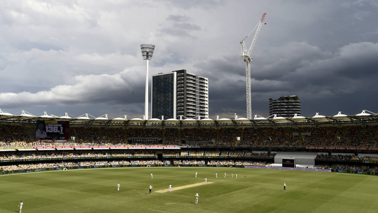 Grey clouds hover close to the Gabba around tea time, Australia vs India, 4th Test, Brisbane, 2nd day, January 16, 2021
