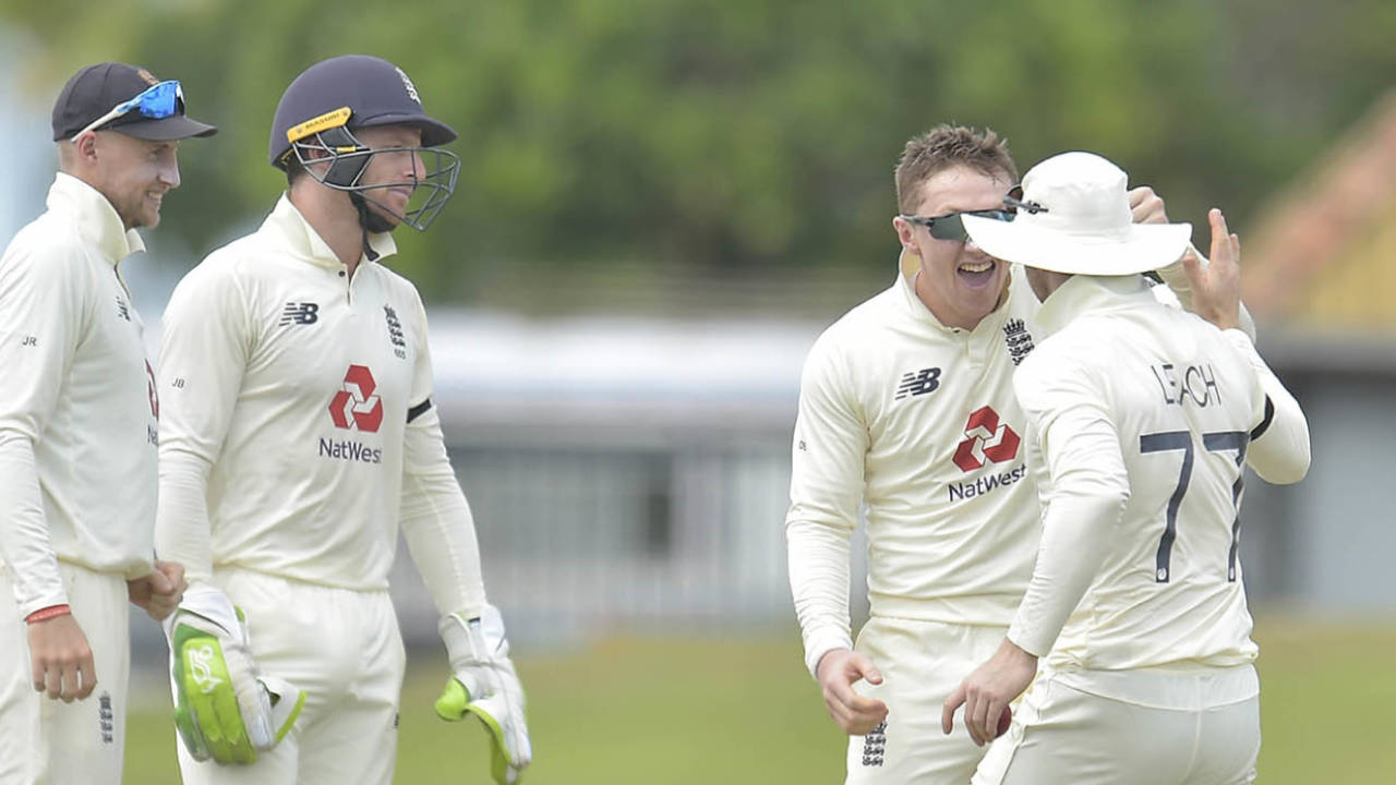 Dom Bess celebrates with Jack Leach after a first-innings wicket, Sri Lanka v England, 1st Test, Galle, 1st day, January 14, 2021