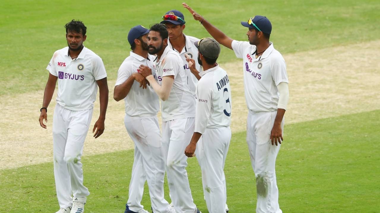 Mohammed Siraj celebrates with team-mates after his maiden five-for in Test cricket&nbsp;&nbsp;&bull;&nbsp;&nbsp;Cricket Australia via Getty Images