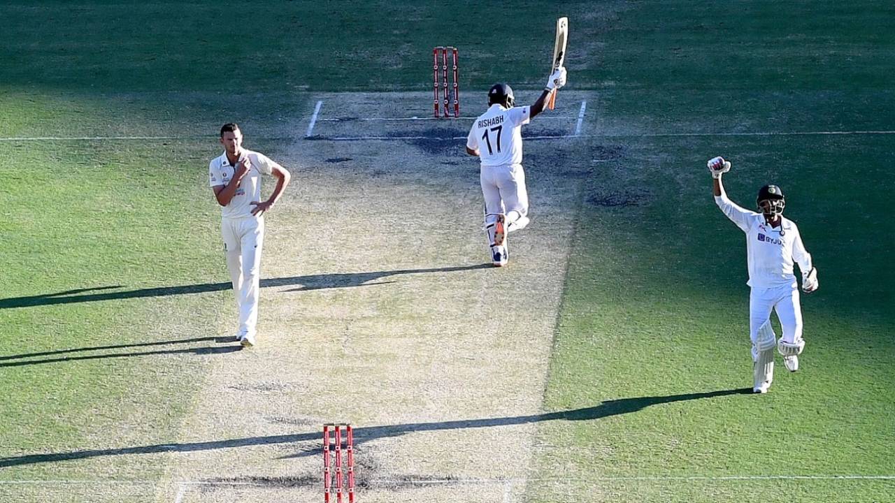 Rishabh Pant and Navdeep Saini celebrate as India chase down 328, Australia vs India, 4th Test, Brisbane, 5th day, January 19, 2021