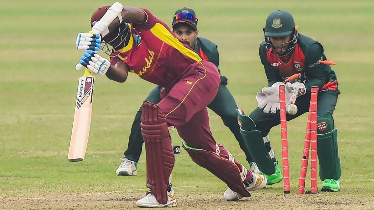 Alzarri Joseph's stumps are shattered by Shakib Al Hasan, Bangladesh vs West Indies, 1st ODI, Mirpur, January 20, 2021