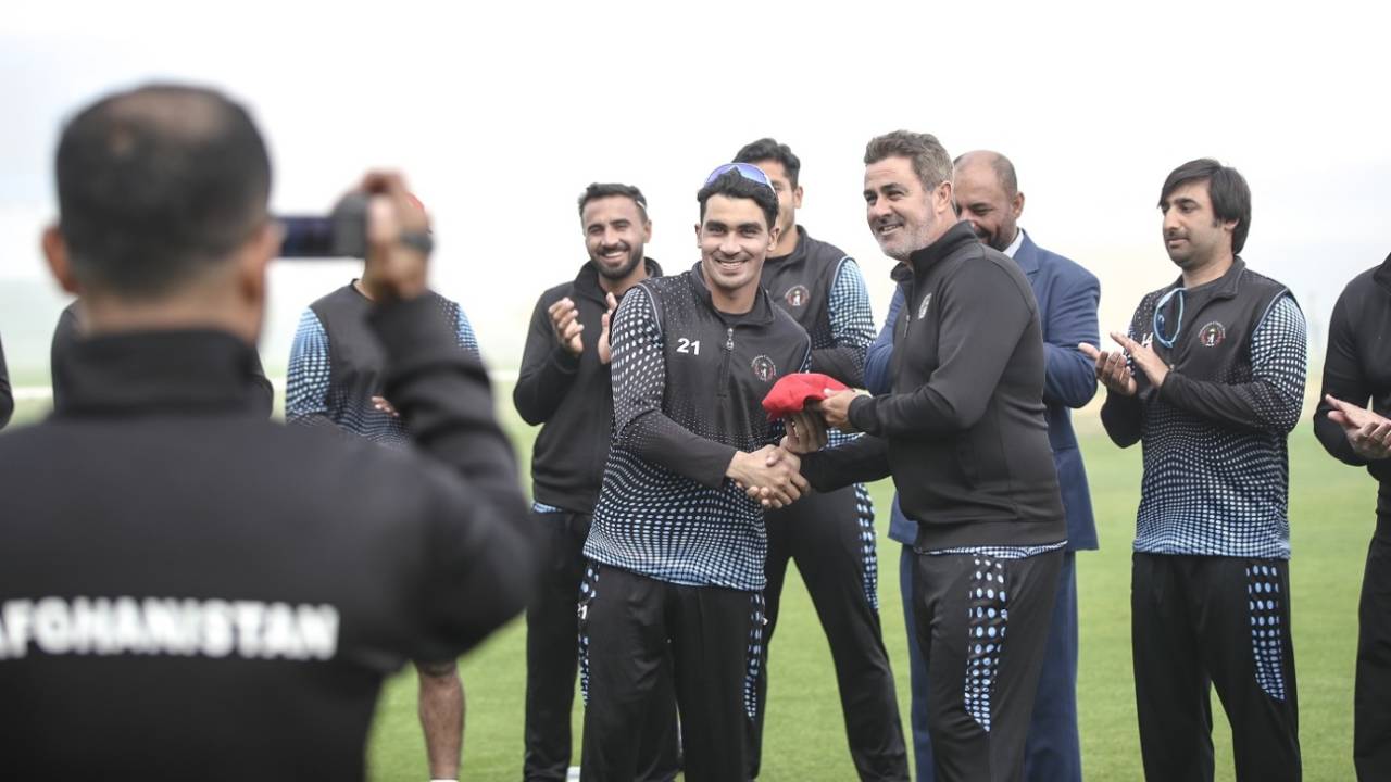 Rahmanullah Gurbaz receives his ODI cap from batting coach HD Ackerman, Afghanistan vs Ireland, 1st ODI, Abu Dhabi, January 21, 2021