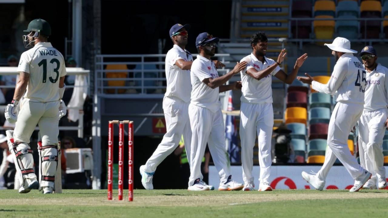 T Natarajan and Washington Sundar (second from left) made their Test debuts in the same match&nbsp;&nbsp;&bull;&nbsp;&nbsp;AFP via Getty Images