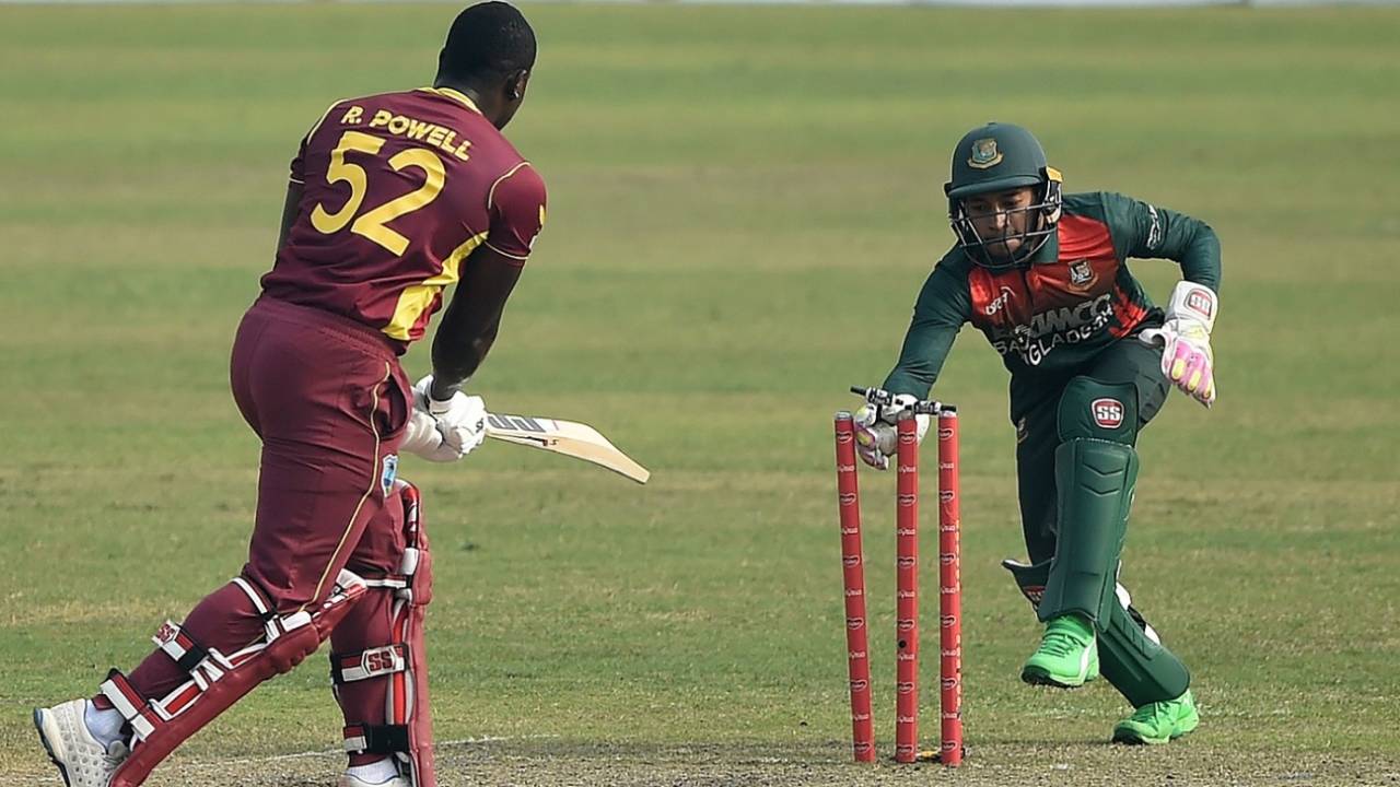 Rovman Powell is stumped by Mushfiqur Rahim in trying to force the pace, Bangladesh vs West Indies, 2nd ODI, Dhaka, January 22, 2021