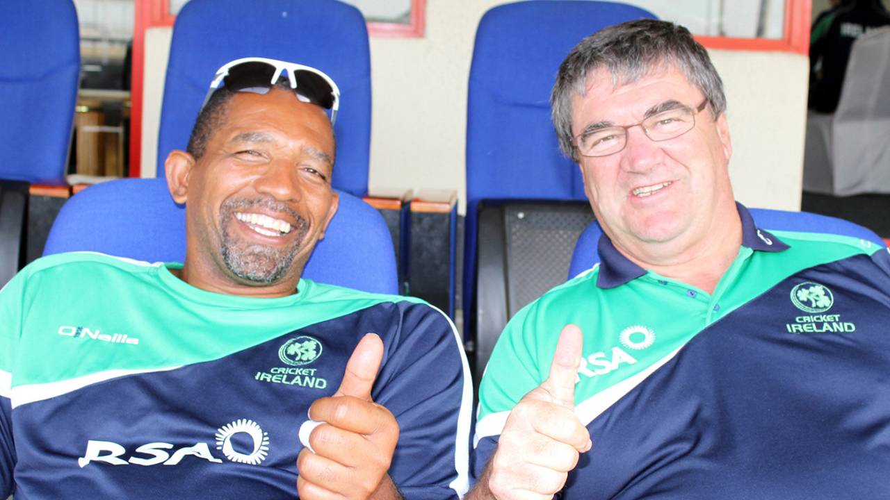 Phil Simmons and Roy Torrens are all smiles, UAE v Ireland, World Cricket League Championship, Sharjah, March 20, 2013