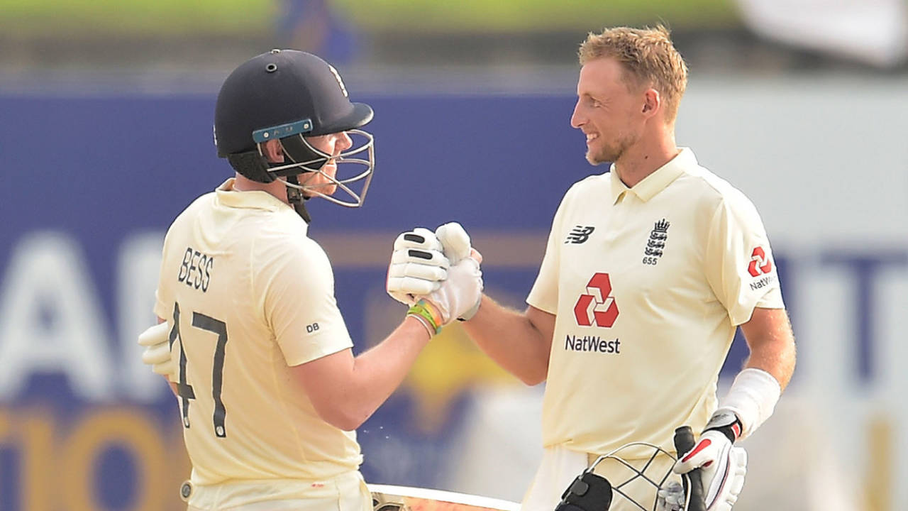 Dom Bess congratulates Joe Root after the captain reaches 150, Sri Lanka vs England, 2nd Test, Galle, 3rd day, January 24, 2021